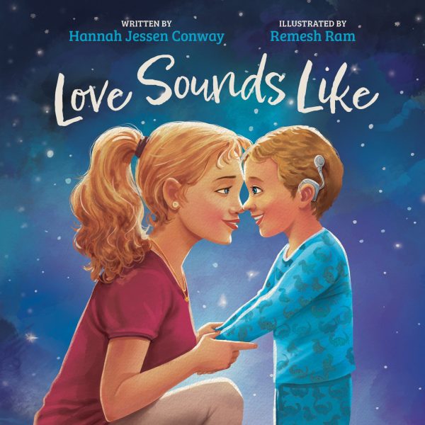 Book cover with cartoon mom and son with cochlear implant looking at each other eye to eye