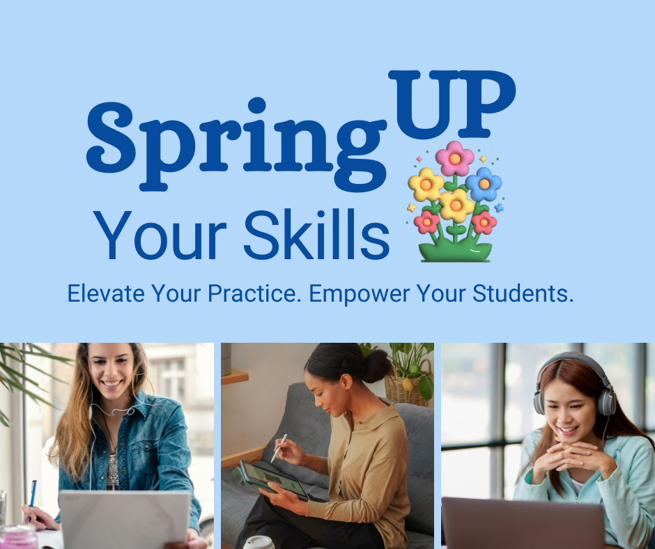 text against a blue background with 3 images of women looking at laptop computers