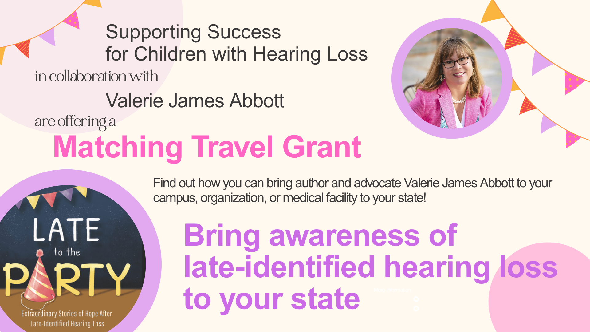 Matching Travel Grant_Pres size Image of book cover for Late to the Party by Valerie James Abbott and image of VJA along with Grant Project wording.